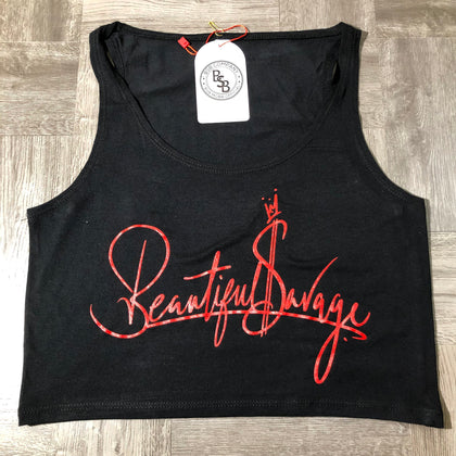 Fitted Baby Crop Exotic Red BeautifulSavage Logo / Black Top